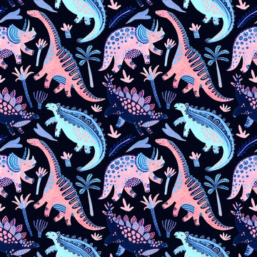 Cute cartoon dinosaurs seamless pattern in scandinavian style © Tanya Syrytsyna