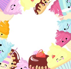 Set of kawaii food - sweets or desserts on white background, cute characters for print, cards. Donut, cake, bun, candy, cotton candy, cup of tea are smiling. flat illustration.