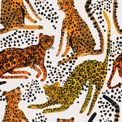 Creative watercolor seamless pattern with leopards, jaguar and cheetah © Tanya Syrytsyna