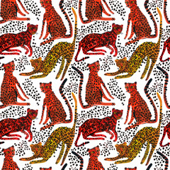 Creative watercolor seamless pattern with leopards, jaguar and cheetah