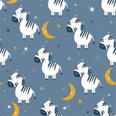 Colorful seamless pattern with zebras, moon, stars. Decorative cute wallpaper, good for printing. Overlapping colored background vector. Design illustration with animals, night sky