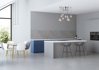 Modern house interior. Gray interior with blue kitchen. 3D rendering.