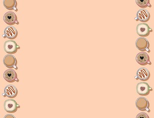 Cute cartoon hand drawn cups of yummy coffee and cacao cream drinks seamless pattern. Letter template