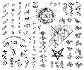 Design set with abstract alchemy and sacred geometry signs.  Vector engraved illustration in gothic and mystic style. No foreign language, all symbols are fantasy © samiramay