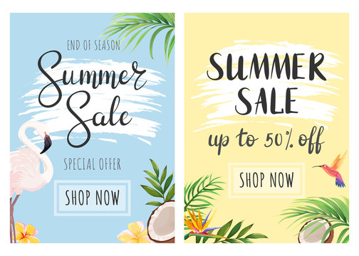 Summer Sale. Banners with tropical plants, flowers and birds.