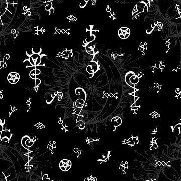 Seamless background with alchemy and magic signs on black. Vector engraved illustration in gothic and mystic style. No foreign language, all symbols are fantasy