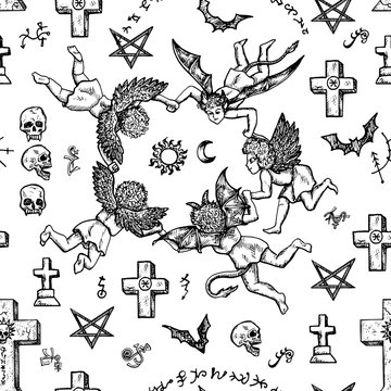 Seamless background with angels, demons and crosses. Vector engraved illustration in gothic and mystic style. No foreign language, all symbols are fantasy