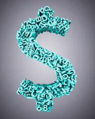 Big data, information analysis and restructuring concept, huge amount of blue green 3d letters and numbers in dollar sign money symbol shape, isolated on gray backgroudn. 3D illustration.