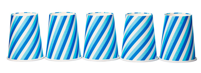 Cardboard cups decorated with blue lines pattern isolated on white background
