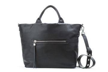 Black leather female handbag isolated on white background