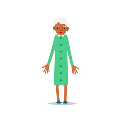 Happy african old woman. Cute grandmother standing and smiling. Traditional retirement lifestyle. Older black lady retired. Cartoon illustration isolated on white background in flat style