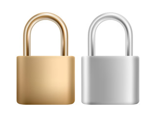 Naklejka premium Padlock icon set. Steel and gold lock for protection privacy, web and mobile apps. Isoated on white background. EPS 10