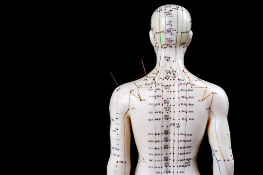 male acupuncture model with needles on black background