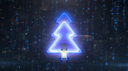 Neon christmas tree with digital glitch effect 3D rendering illustration