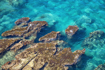 Naklejka na ściany i meble Sea shore and seascape. Pure Blue Water of Tyrrhenian Sea in Italy, Sicily. Environment picture. Natural backgraund.