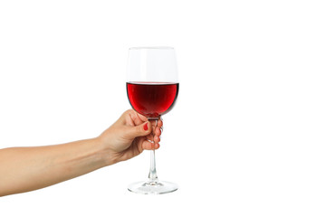 Female hand hold glass with wine, isolated on white background