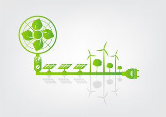 Ecology and Fan Concept,Earth Symbol With Green Leaves Around Cities Help The World With Eco-Friendly Ideas