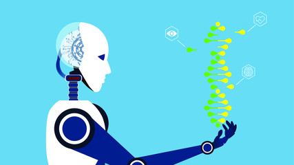 Future. Work of robots. CRISPR CAS9 - Genetic engineering. Illustration of a study of a gene editing tool. Vector