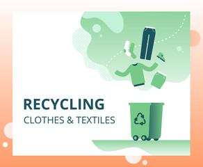 Textile waste recycling concept for landing page, template, ui, web. Old clothing and fabric for repurpose and re-use.