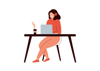 Happy woman sitting at desk and working on laptop computer. Young female helpline operator with headset consulting a client. Technical support concept. Flat cartoon colorful vector illustration.