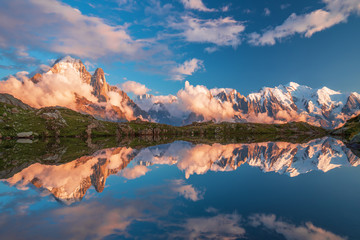 Sunset panorama of the Lac Blanc lake with Mont Blanc (Monte Bianco) on background, Chamonix location. Beautiful outdoor scene in Vallon de Berard Nature Reserve, France