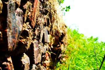Ancient stone wall near the river near the reeds