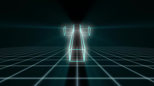 Synthwave Retro Glowing 3D Cross in Cyan Wireframe Swinging Down Looped in Static effect