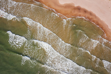 Aerial view of beach, sea waves and sand on baltic coast beach, nature background