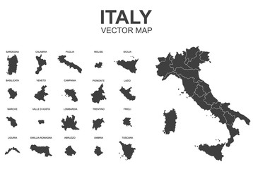 vector map of italy with borders of regions - obrazy, fototapety, plakaty