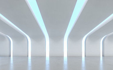 Illuminated corridor interior design. 3D rendering