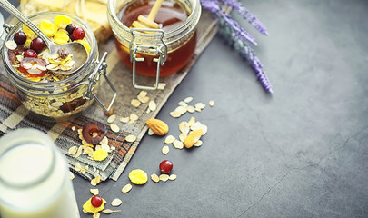 Healthy breakfast. Muesli from cereals with milk berries.