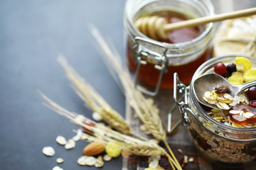 Healthy breakfast. Muesli from cereals with milk berries.