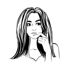 Beautifull woman with long dark hair, looks aside with pensive expression, puzzled female