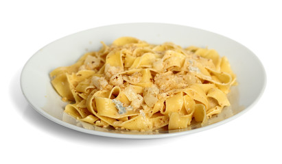 Pappardelle al Gorgonzola. Pasta (Fettuccine) with gorgonzola, pear, walnuts and white wine.