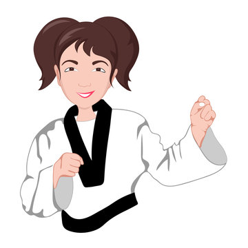 Asian karate girl stands in the fighting stance, funny vector isolated illustration.