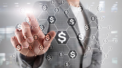 Dollars icons, money network structure. ICO, trading and investment. Crowdfunding.