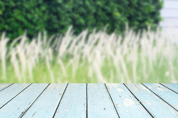 empty wooden table on green grass