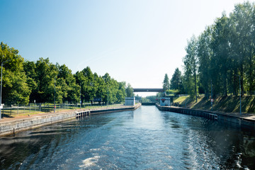 Lappeenranta, Finland - August 7, 2019: Lock on the Saimaa Canal at Malkia. View from water.