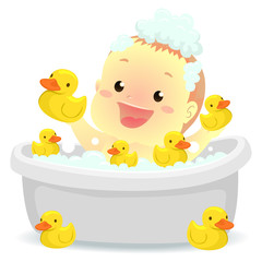 Vector Illustration of Baby taking a bath with rubber ducks