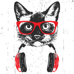 Portrait of  Siamese Cat with glasses and headphones. Hand-drawn illustration. T-shirt design. Vector © Victoria Novak