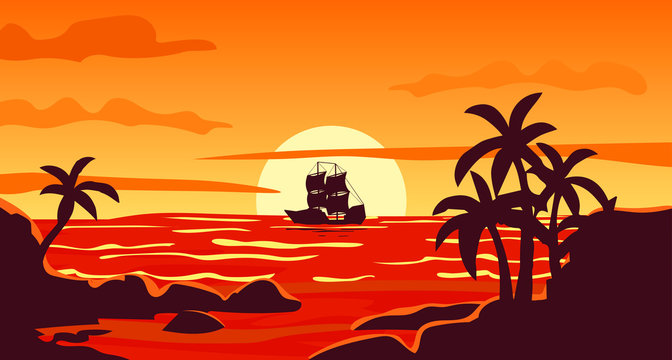 Tropical beautiful sunset, landscape, palm trees, sea, ship, stones, vector, cartoon style.