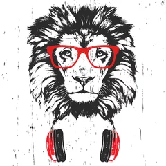 Fototapete Sammlungen Porträt des Löwen mit Brille und Kopfhörern. Handgezeichnete Abbildung. Vektor