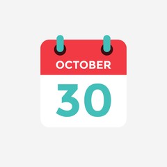 Flat icon calendar 30 October. Date, day and month. Vector illustration.