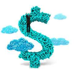 Big data, information analysis and restructuring concept. Climbing businessman hang on dollar sign money symbol of huge amount 3d letters and numbers with blue big data clouds, isolated on white backg