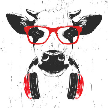 Portrait of Cow with glasses and headphones. Hand-drawn illustration. Vector
