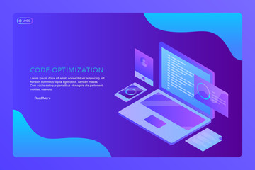 Isometric design concept of web development, programming, coding, software, binary code, information technology, web banner.