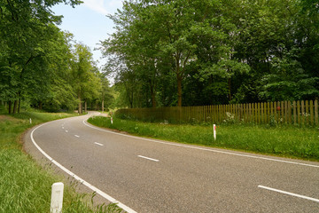 Fototapeta na wymiar Leere Landstraße mit Kurve im Sommer