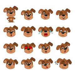 Big set of heads with expressions of emotions of funny puppy dog in cartoon style isolated on white background