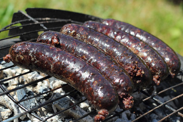 Grilling Blood Sausages on barbecue grill