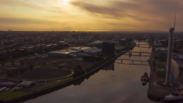 Glasgow Scotland aerial Time lapse establishing shot at sunrise